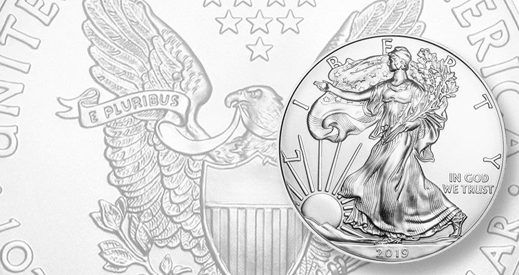 The silver american eagle coin is shown on a white background.