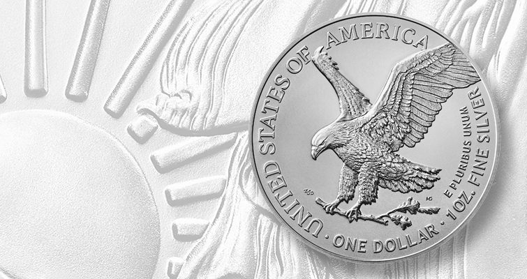 A silver eagle coin sitting on top of a white background.
